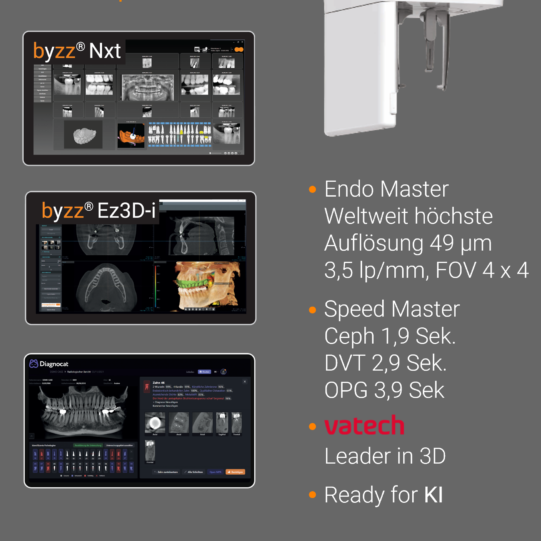 byzz Nxt , byzz Ez3D-1 , Diagnocat Drei medizinische Geräte mit Bildschirmen und Leistungsspezifikationen.